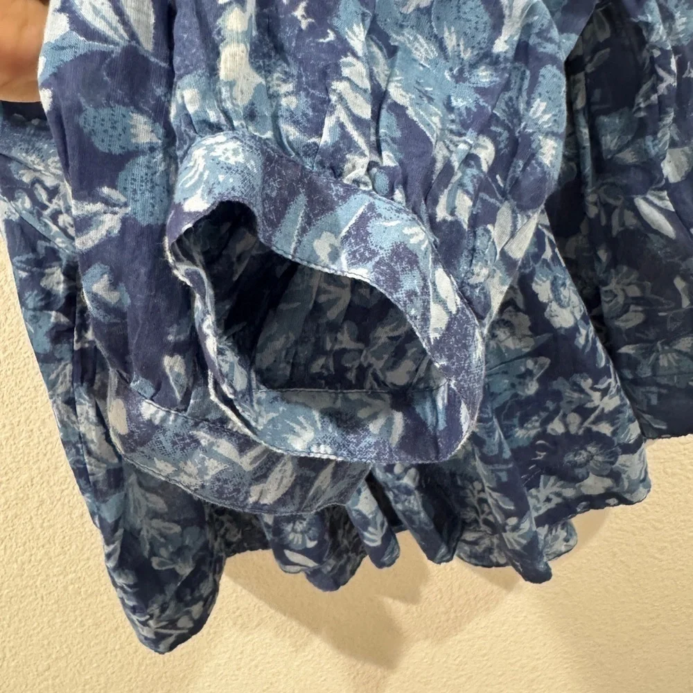 Free People Cool Meadow Blue Floral 100% Cotton Button Front Peasant Blouse XS